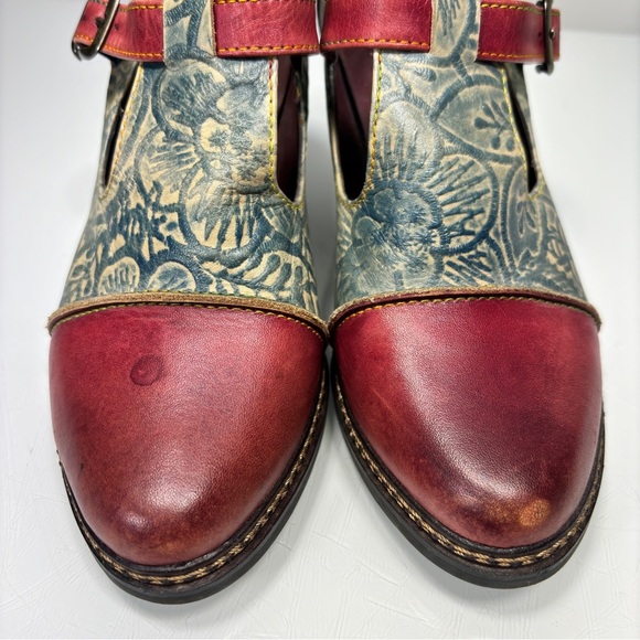 L'Artiste Spring Step Susana Red Green Floral Print Leather Heeled Booties Sz 36 - Picture 4 of 12